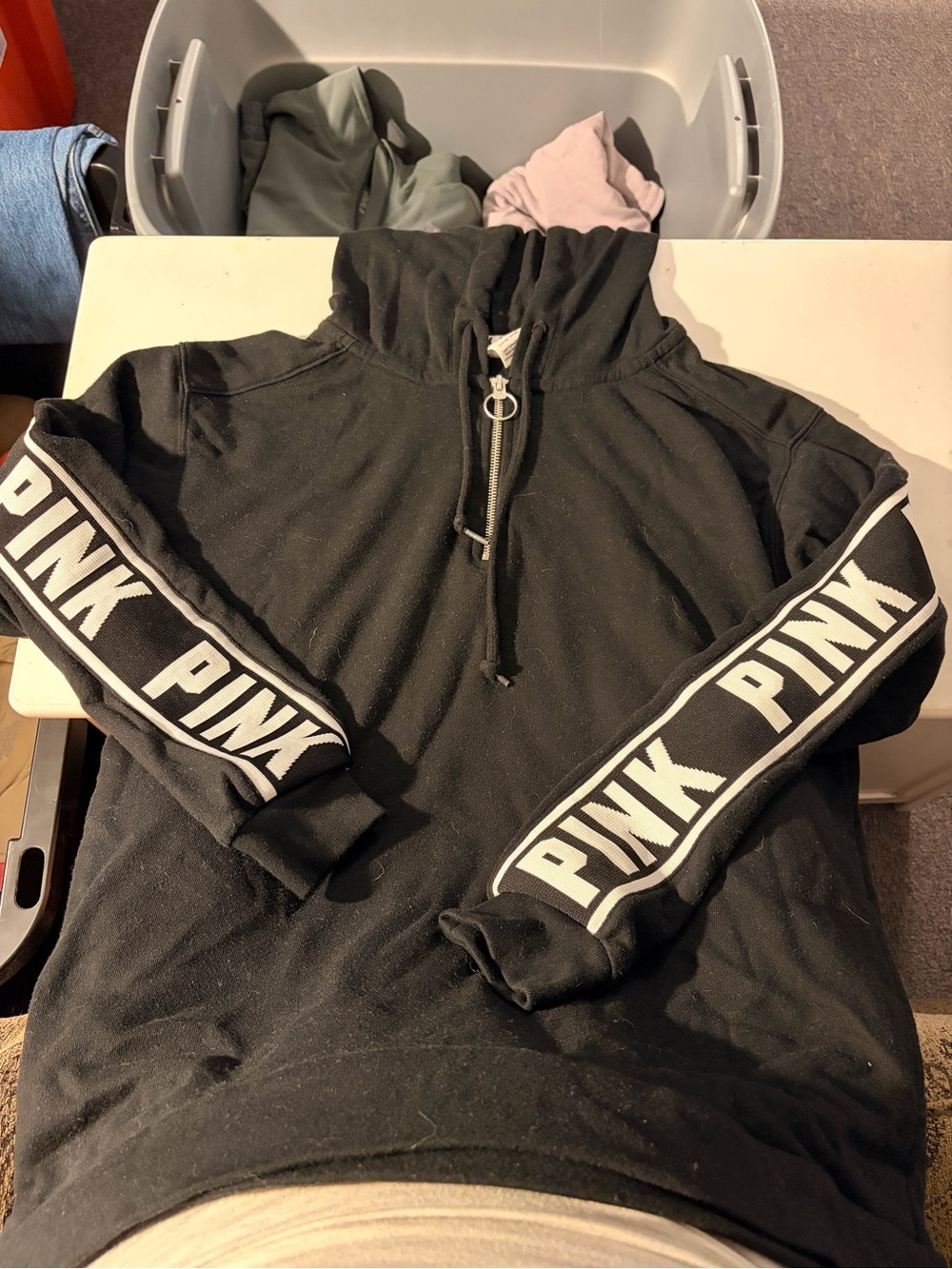 PINK Victoria's Secret Black Hoodie with White Sleeve Logo